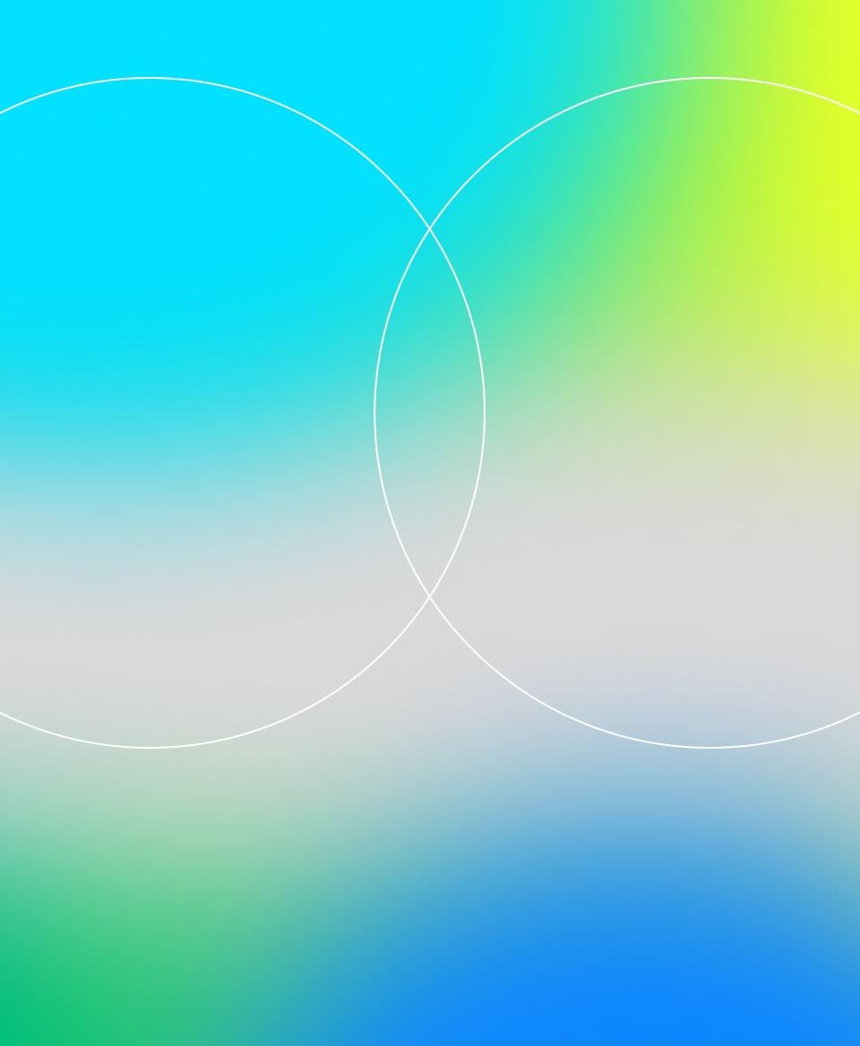 Two white circles interlinking on a rainbow gradient.